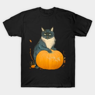 Japanese Cat on a Halloween Pumpkin During the Halloween Season on a dark (knocked out) background T-Shirt